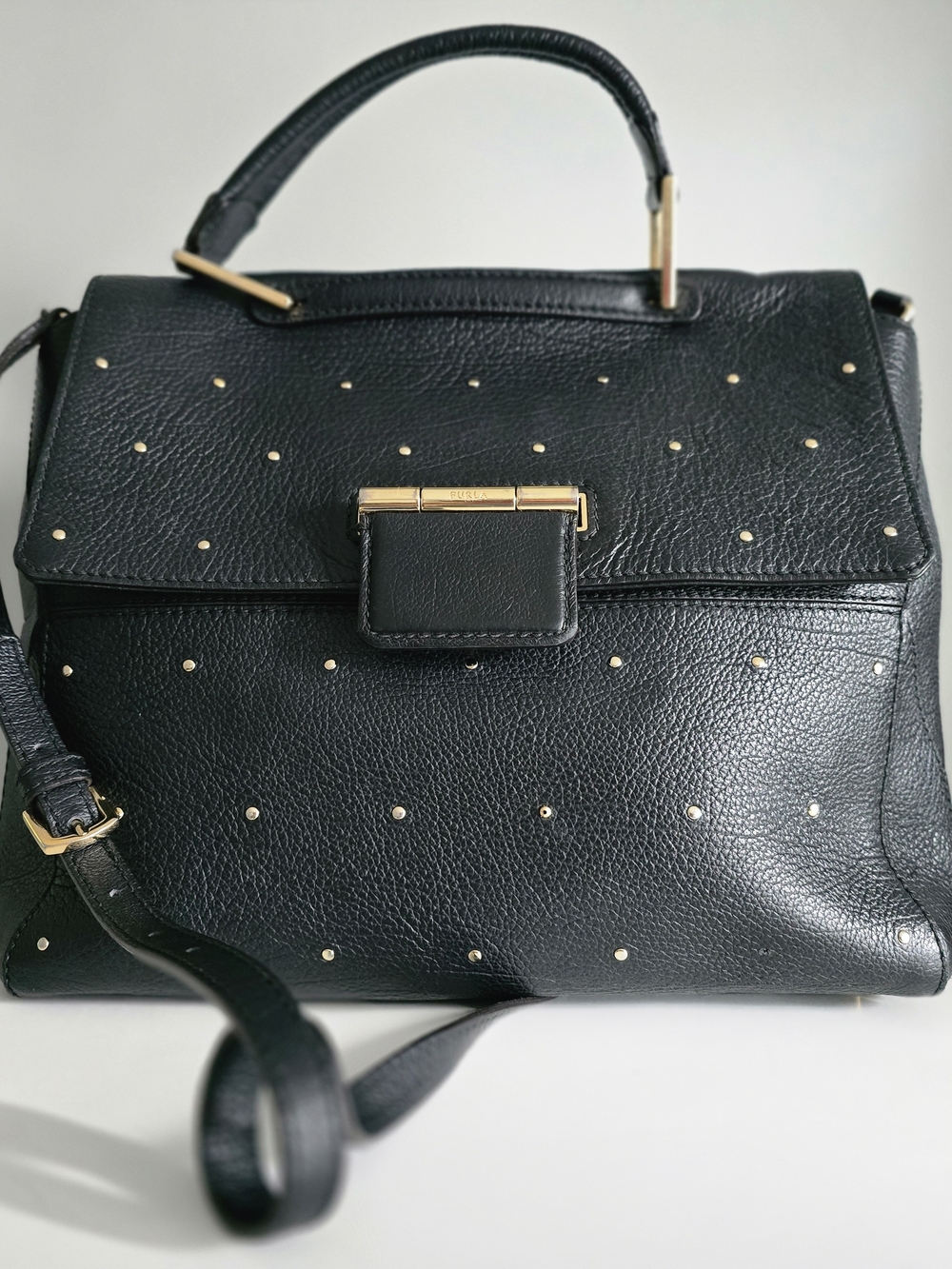 Furla Black Leather Shoulder Bag with Gold Studs